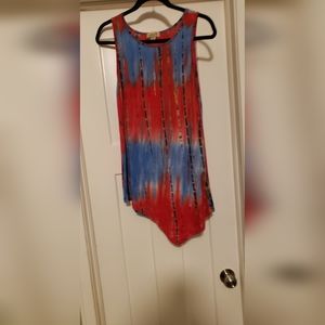 Assymetrical One World tank red blue tie die w gold